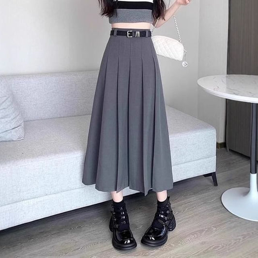 Pleated Midi A-Line Skirt with High Waist Plain Design