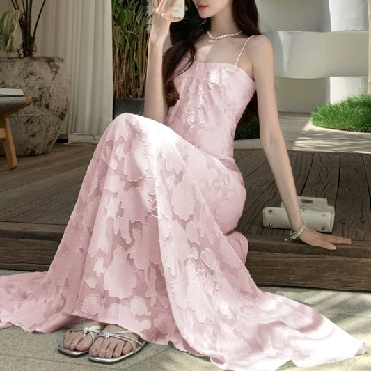 Lace Spaghetti Strap Maxi A-Line Dress - Altfashion Shop
