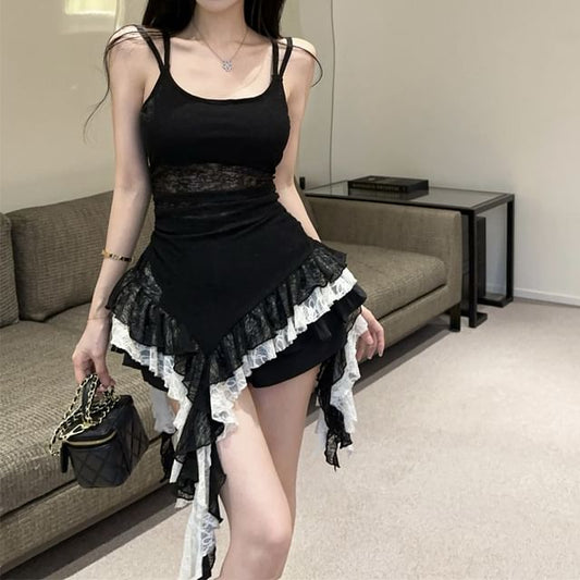 Scoop Neck Lace Camisole Top and Mini A-Line Skirt