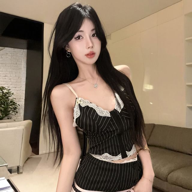 Striped Lace Trim Spaghetti Strap Cami and Pencil Skirt