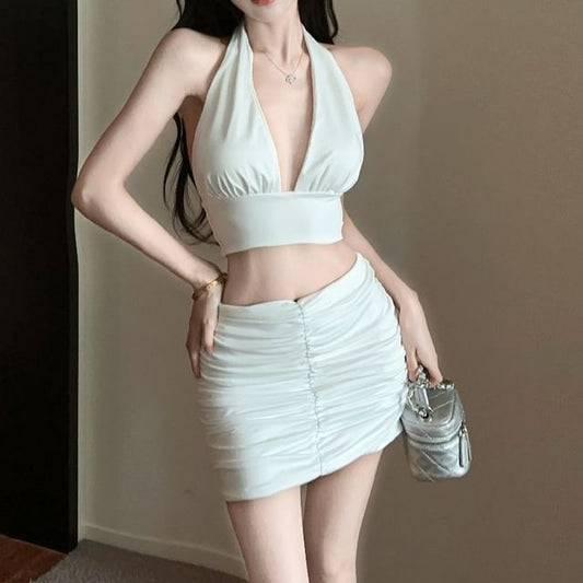 Halter Crop Tank Top and Ruched Mini Pencil Skirt Set