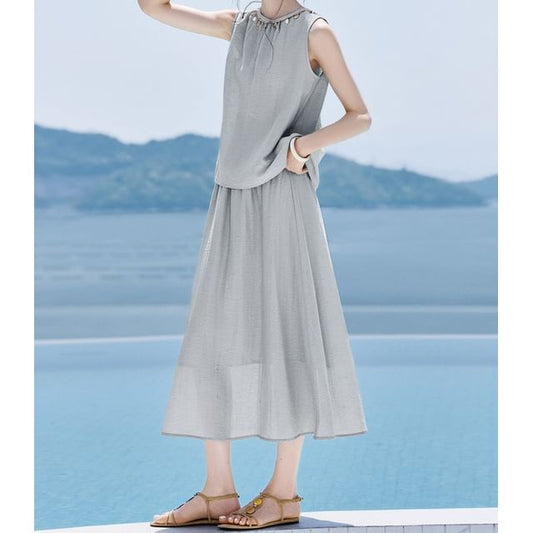 Round Neck Sleeveless Blouse and Midi A-Line Skirt Set