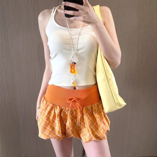 Strappy Crop Top and Drawstring Waist Plaid Mini Skirt