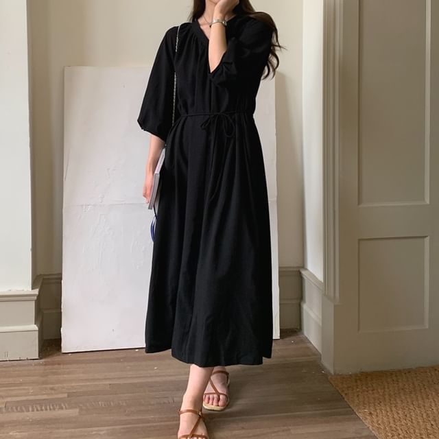 Black 3/4-Sleeve V-Neck Ruched Maxi Dress - Altfashion Shop