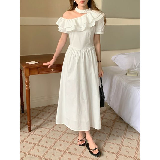 Black Cold Shoulder Short Sleeve Ruffle Maxi Dress - Altfashion Shop