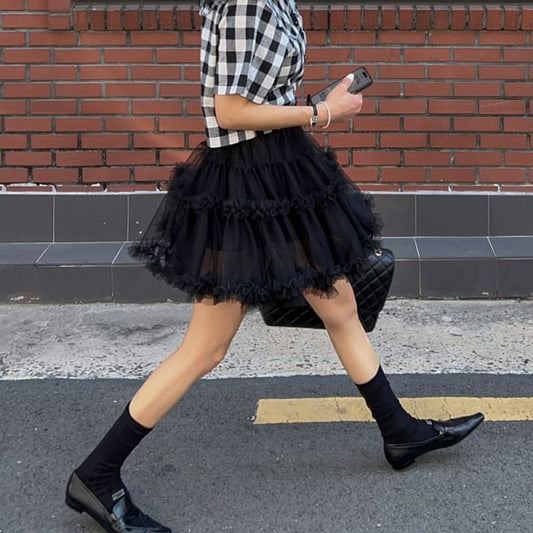 Sheer Ruffle Trim Mini A-Line Skirt with High Waist