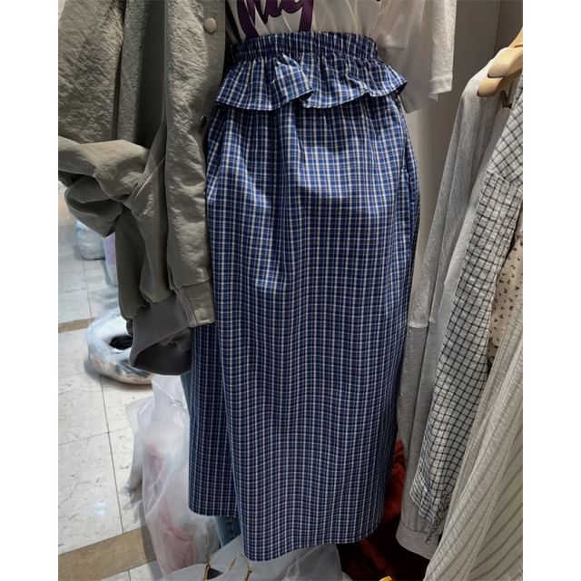 Plaid Ruffle Trim Midi A-Line Skirt with High Rise