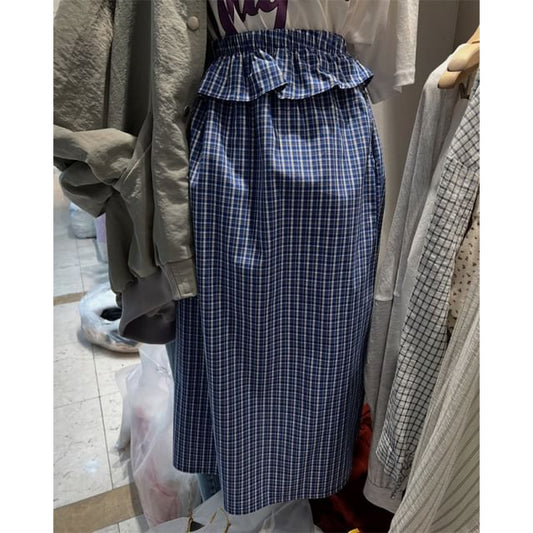 Plaid Ruffle Trim Midi A-Line Skirt with High Rise