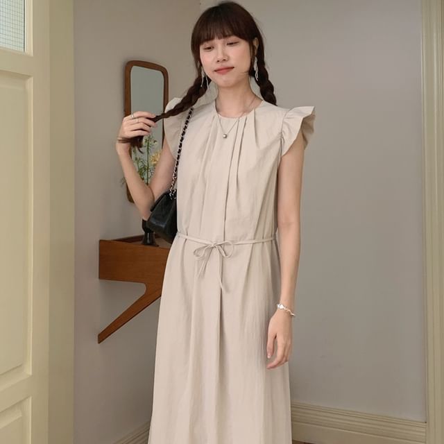 Black Sleeveless Round Neck Ruched A-Line Maxi Dress - Altfashion Shop