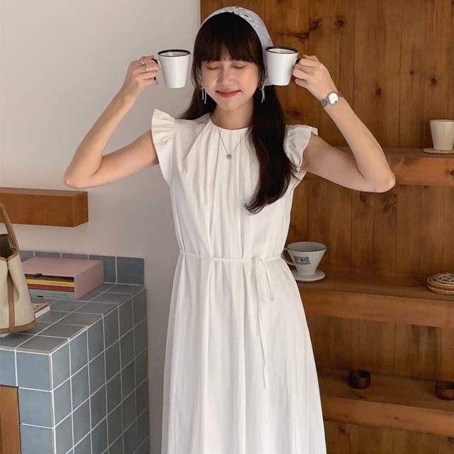 Black Sleeveless Round Neck Ruched A-Line Maxi Dress - Altfashion Shop