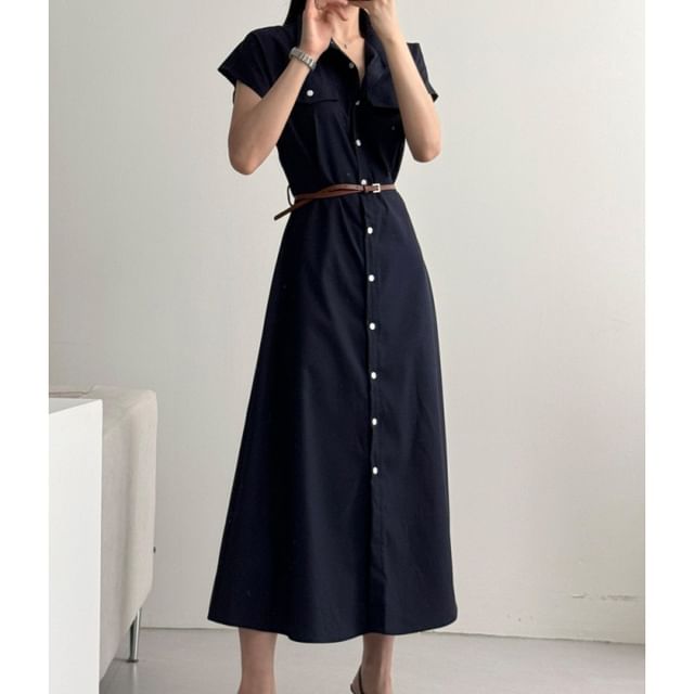Black Cap-Sleeve Collared Button-Up Shirt Maxi Dress - Altfashion Shop