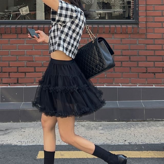 Sheer Ruffle Trim Mini A-Line Skirt with High Waist