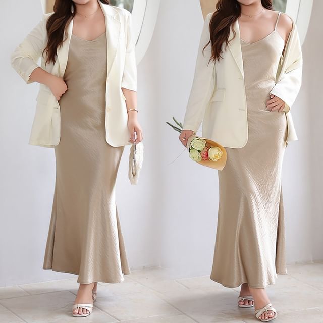 Black Notch Lapel Single Breasted Blazer with Satin Mermaid Dress - Altfashion Shop