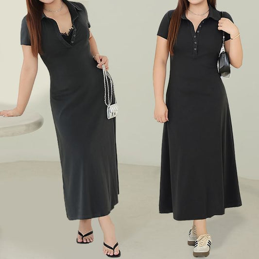 Black Short Sleeve Polo Maxi Dress - Altfashion Shop