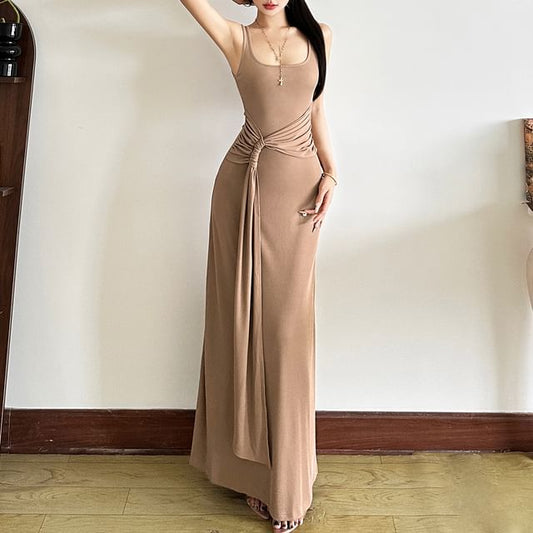 Black Sleeveless Square Neck Tie-Waist Bodycon Maxi Dress - Altfashion Shop