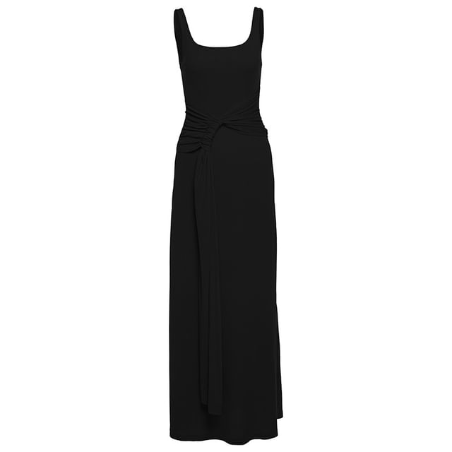 Black Sleeveless Square Neck Tie-Waist Bodycon Maxi Dress - Altfashion Shop