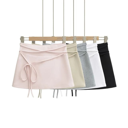 Lace-Up Low Waist Plain Mini A-Line Skirt