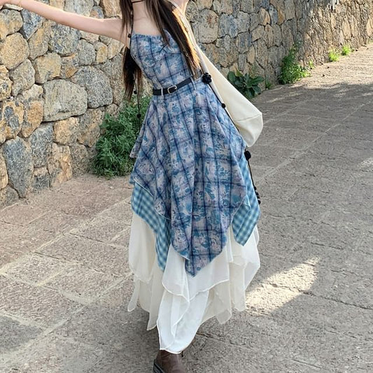 Check A-Line Maxi Dress with Spaghetti Straps and Belt Set