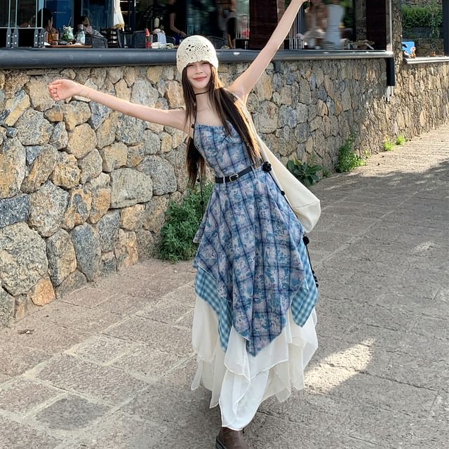 Check A-Line Maxi Dress with Spaghetti Straps and Belt Set