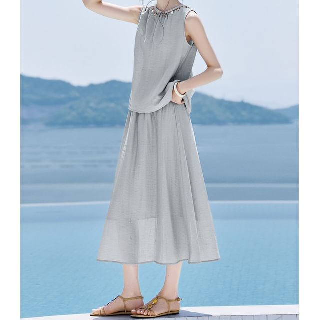 Round Neck Sleeveless Blouse and Midi A-Line Skirt Set