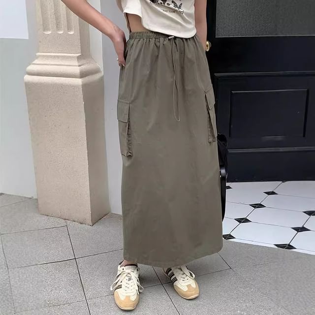 Drawstring Midi Straight Cargo Skirt with Plain High Waist