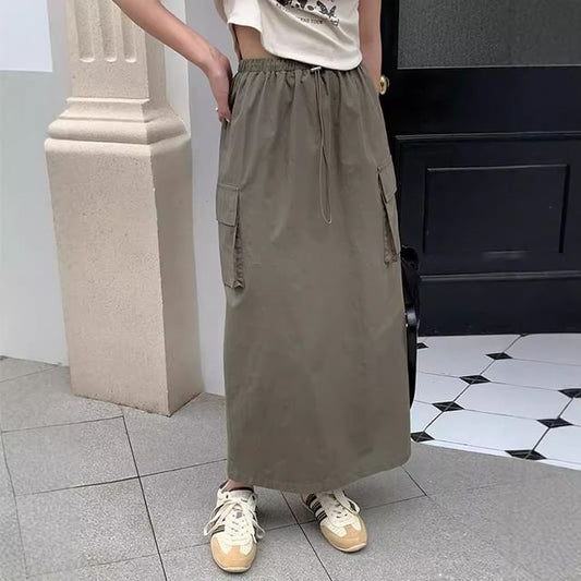 Drawstring Midi Straight Cargo Skirt with Plain High Waist