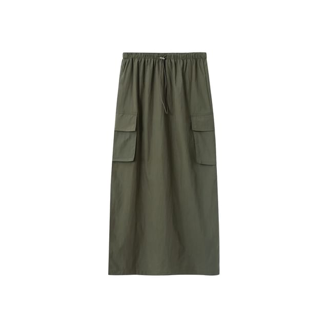 Drawstring Midi Straight Cargo Skirt with Plain High Waist