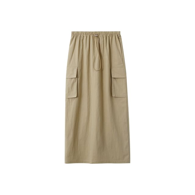 Drawstring Midi Straight Cargo Skirt with Plain High Waist