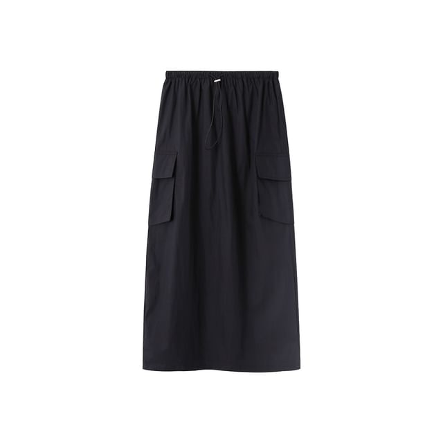 Drawstring Midi Straight Cargo Skirt with Plain High Waist