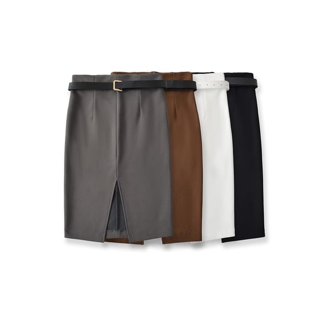 High Waist Plain Slit Midi Pencil Skirt Set with Belt