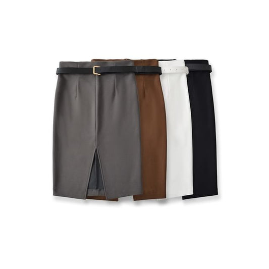 High Waist Plain Slit Midi Pencil Skirt Set with Belt