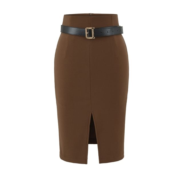 High Waist Plain Slit Midi Pencil Skirt Set with Belt