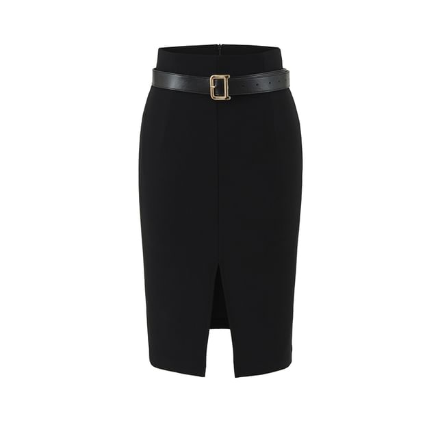 High Waist Plain Slit Midi Pencil Skirt Set with Belt