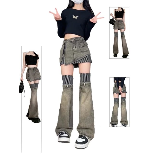 Washe Denim Panel Mini Skirt Set with Over Knee Leg Warmers