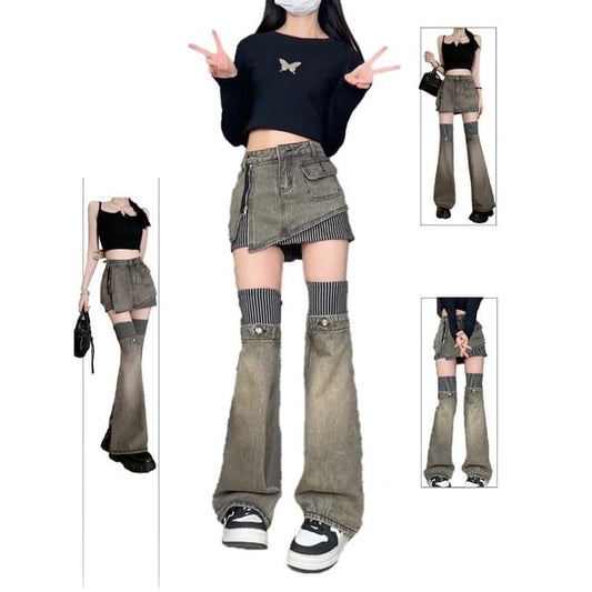 Washe Denim Panel Mini Skirt Set with Over Knee Leg Warmers