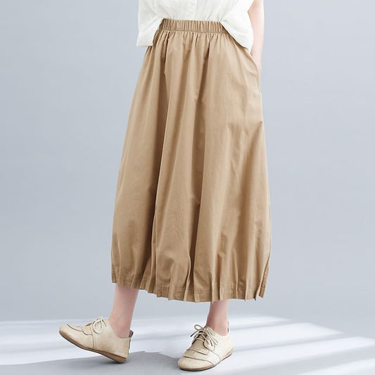 Elastic Waist Pleated Midi A-Line Skirt with Plain Design