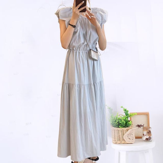 Black Cap-Sleeve Crewneck A-Line Maxi Dress - Altfashion Shop