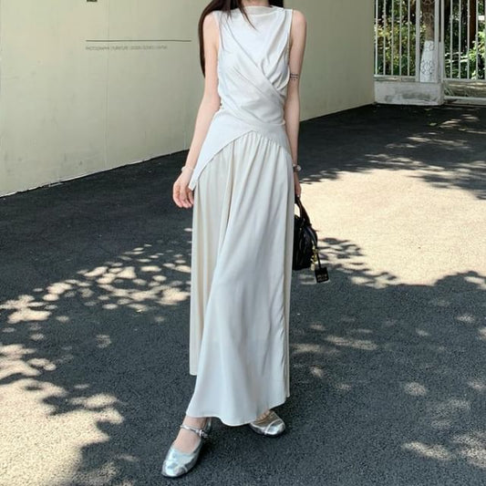 Sleeveless Twisted Plain Top and High Waist Maxi A-Line Skirt Set