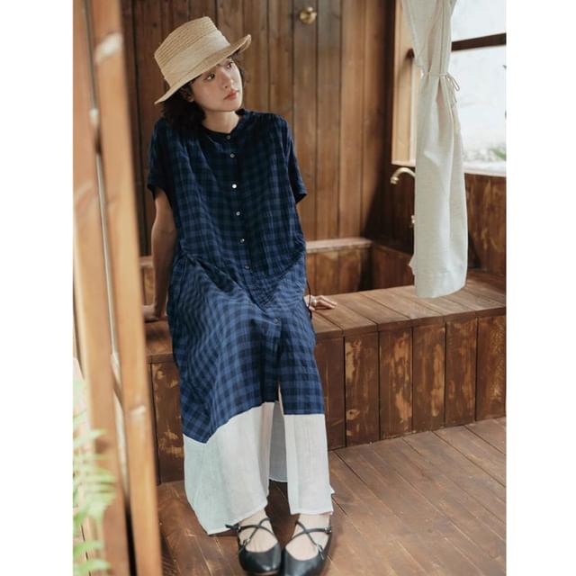 Plaid Short-Sleeve Shirt Maxi Dress - Altfashion Shop