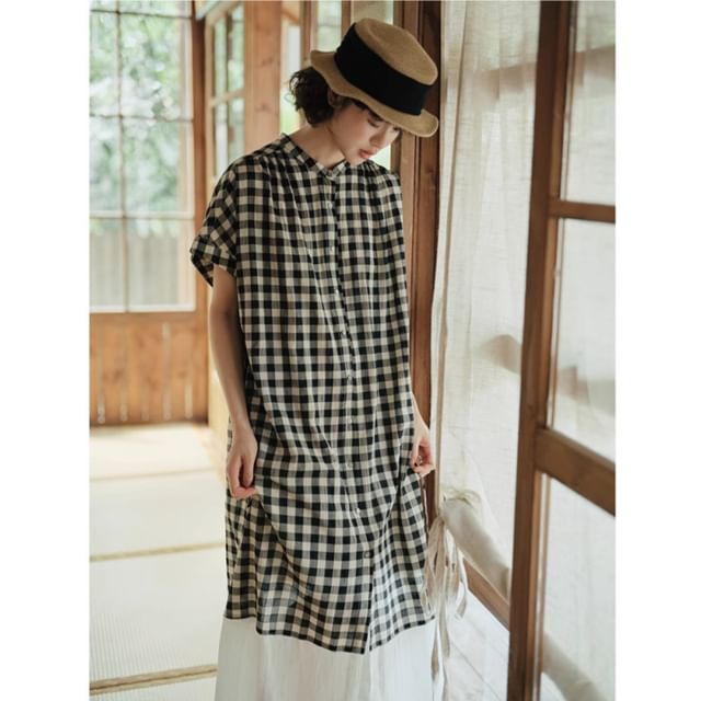 Plaid Short-Sleeve Shirt Maxi Dress - Altfashion Shop