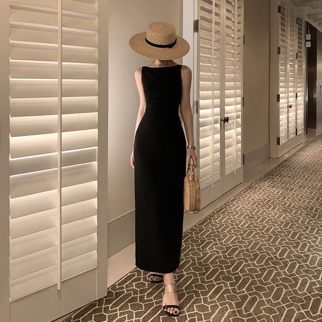 Black Sleeveless Boatneck Bodycon Maxi Dress - Altfashion Shop