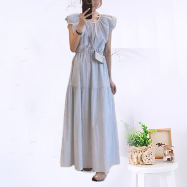 Black Cap-Sleeve Crewneck A-Line Maxi Dress - Altfashion Shop
