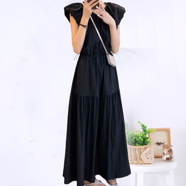 Black Cap-Sleeve Crewneck A-Line Maxi Dress - Altfashion Shop