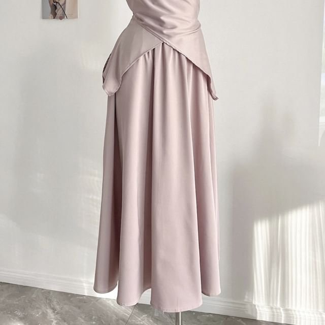 Sleeveless Twisted Plain Top and High Waist Maxi A-Line Skirt Set