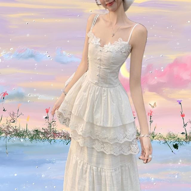 V-Neck Lace Trim Flowy Cami Top with High Waist Maxi A-Line Skirt