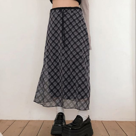 Plaid Sheer Midi Skirt High Waist