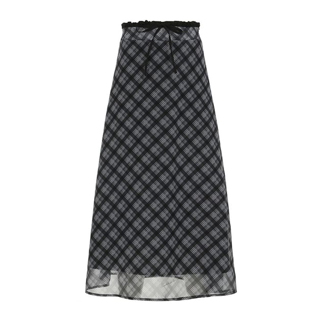 Plaid Sheer Midi Skirt High Waist