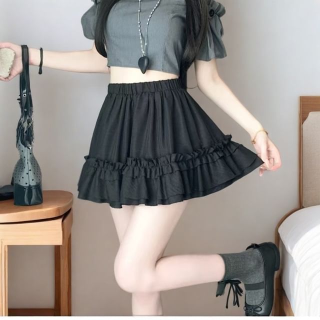 Ruffled High Rise Plain Mini A-Line Skirt