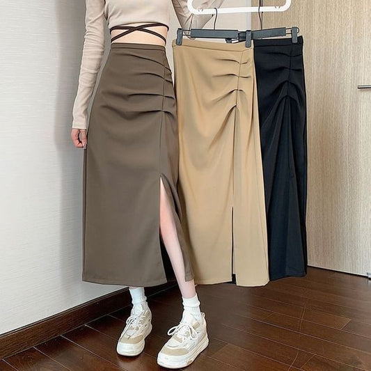 Ruched Slit High Rise Plain Midi A-Line Skirt