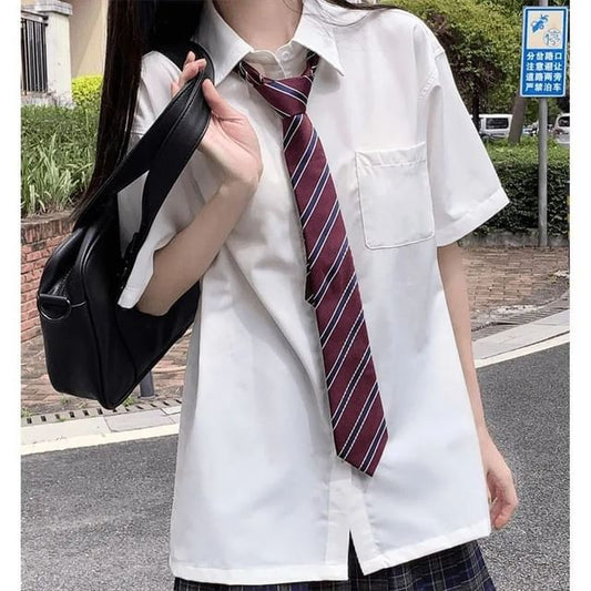 Short Sleeve Collared Plain Shirt with Neck Tie and High Rise Plaid Mini Pleated Skirt Set